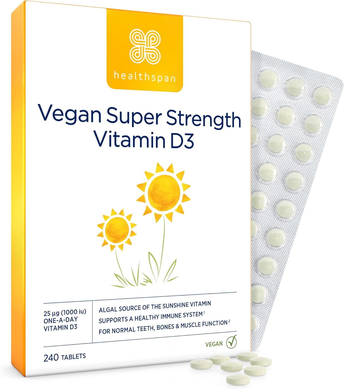 Healthspan Vegan Vitamin D3 1,000Iu | 240 Tablets | Immune Support | 25Ug Vitamin D | Healthy Muscles, Bones & Teeth | Vegan