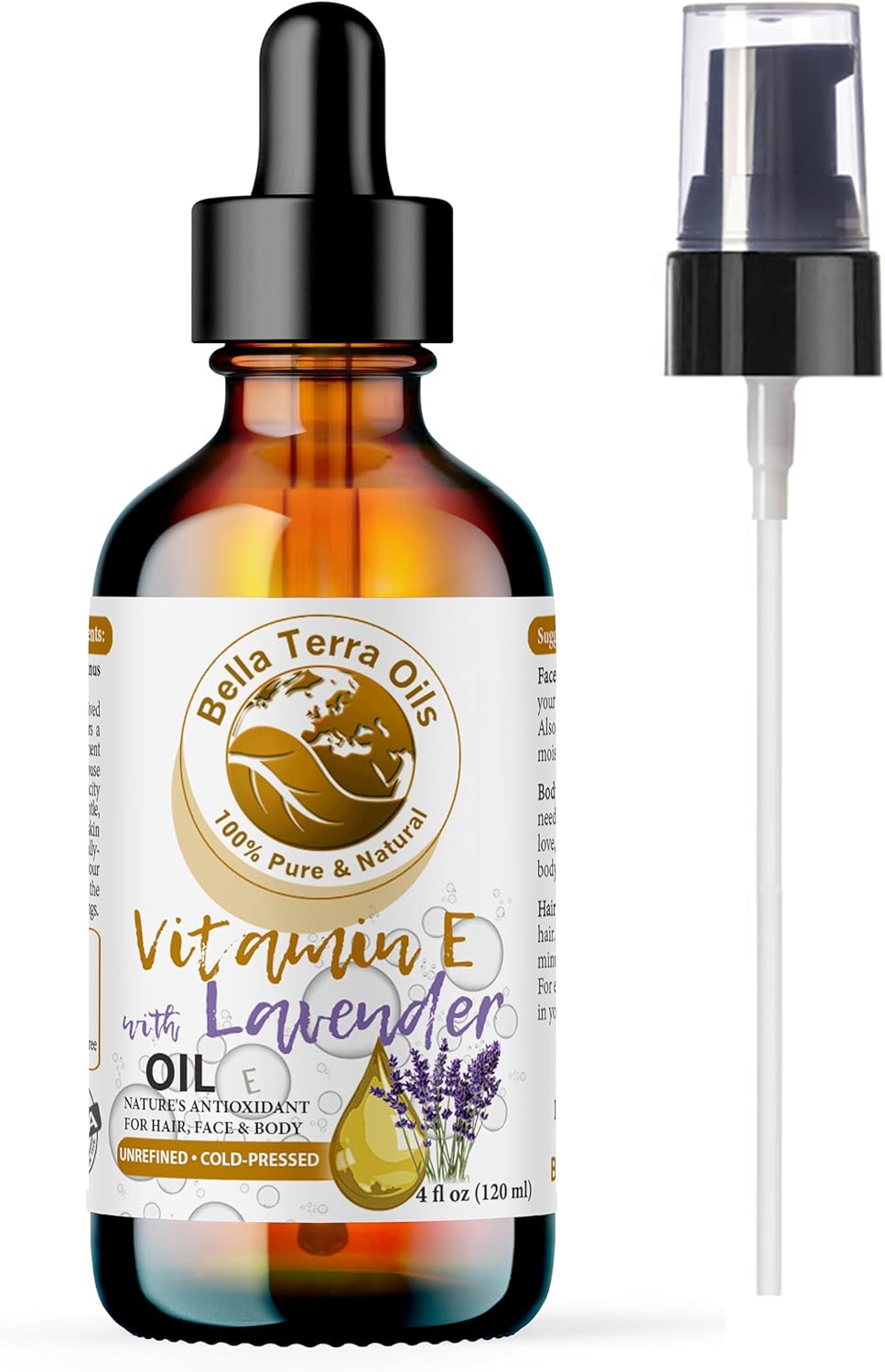 Bella Terra Oils - Lavender Infused Organic Vitamin E Oil 4oz - D-Alpha Tocopherol Richness, Masterfully Blended with Lavender, from Organic Wheat Germ to Your Skin