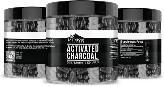 Earthborn Elements Activated Charcoal 200 Capsules, Pure & Undiluted, No Additives