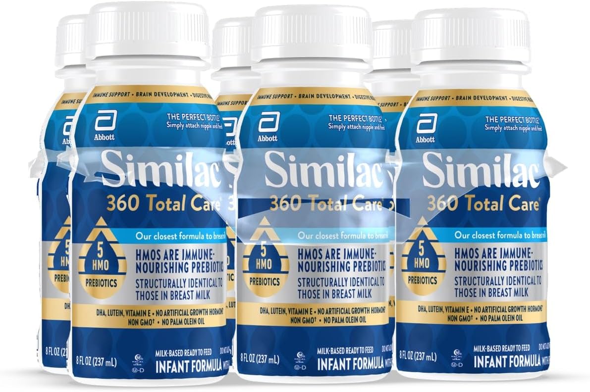 Similac 360 Total Care Infant Formula, with 5 HMO Prebiotics, Our Closest Formula to Breast Milk, Non-GMO, Baby Formula, Ready-to-Feed, 8-fl-oz Bottle (Pack of 6) (Packaging May Vary)