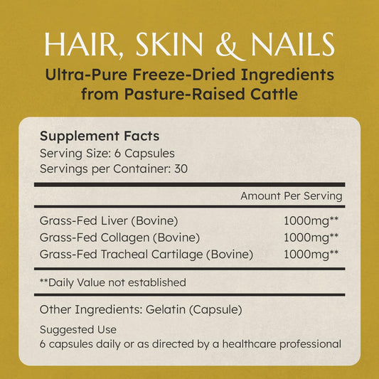 Hair, Skin, & Nails Supplement  Supports Vibrant Skin, Healthy Hair, Strong Nails. All Natural Glandulars, Grass Fed Liver, Collagen Peptides & Tracheal Cartilage Gluten Free, Paleo & Keto