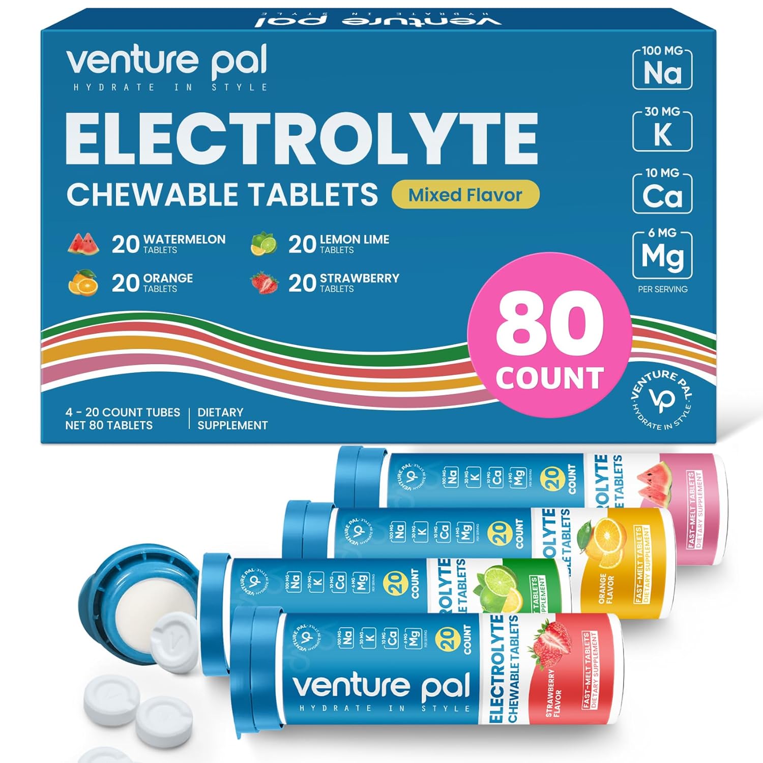 Venture Pal Chewable Electrolyte Tablets, Fast-Melt Sugar-Free Salt Tablets - Variety Pack For Rapid Hydration, Outdoor Running, Hiking, Sports | Keto & Vegan Friendly | 80 Count4 Pack