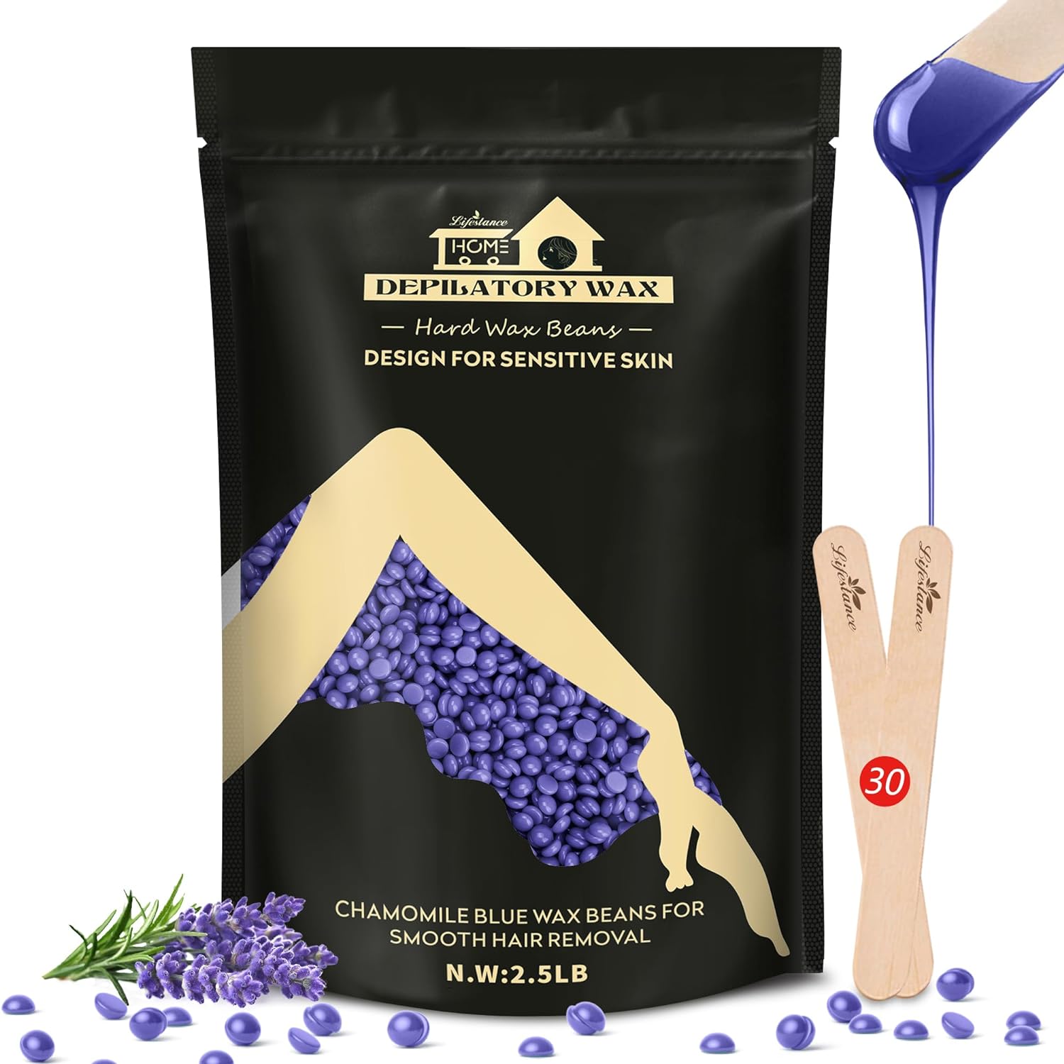 Lifestance 2.5lb Wax Beads Kit, Lavender Hard Wax Beans For Hair Removal Brazilian Bikini Leg Underarm with 30 Applicators Waxing for Fine Coarse Hair Women Men Large Refill for Wax Warmers at Home