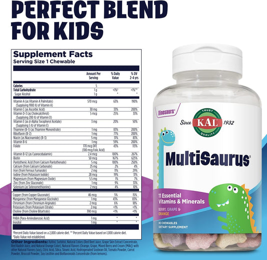 KAL MultiSaurus Kids Chewable Multivitamins, 11 Essential Vitamins and Minerals for Kids, Berry, Grape, Orange Chewables, Gluten and Fructose Free, 90 Servings, 90 Dinosaur-Shaped Chewables