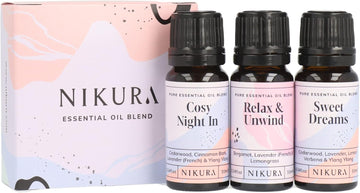 Nikura | Sleep Essential Oil Blends Set - Cosy Night in, Relax & Unwind & Sweet Dreams | Strong Fragrance for Soap and Candle Making, Diffusers for Home, Vegan, 100% Pure and Natural