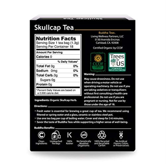 Buddha Teas - Organic Skullcap Tea - Herbal Tea - For Health & Wellbeing - With Antioxidants & Minerals - Clean Ingredients - Caffeine Free - Ou Kosher & Non-Gmo - 18 Tea Bags (Pack Of 1)