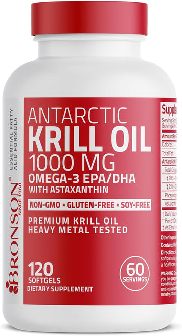 Bronson Antarctic Krill Oil 1000 mg with Omega-3s EPA, DHA, Astaxanthin and Phospholipids 120 Softgels