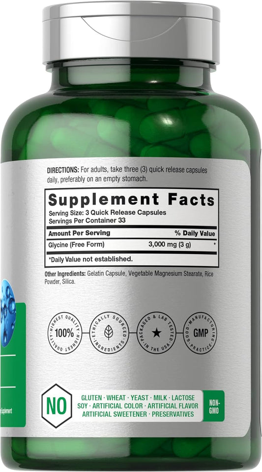 Horbach Glycine 3000 mg 100 Capsules | Non-GMO, Gluten Free Glycine Supplement
