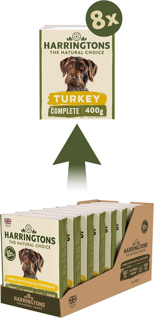 Harringtons Complete Wet Tray Grain Free Hypoallergenic Adult Dog Food Turkey & Potato 8x400g - Made with All Natural Ingredients?HARRWT-C400