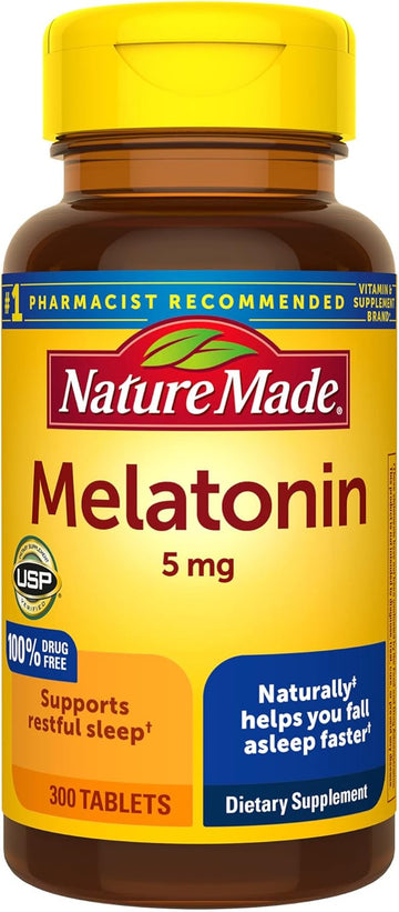 Nature Made Melatonin 5mg Tablets, 100% Drug Free Sleep Aid for Adults, 300 Tablets, 300 Day Supply