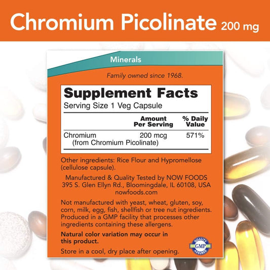 NOW Supplements, Chromium Picolinate 200 mcg, Insulin Co-Factor*, 100 Veg Capsules