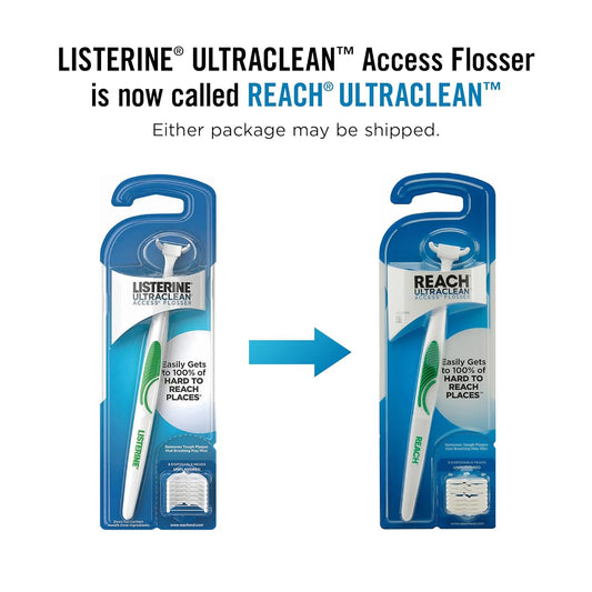 REACH® Listerine Ultraclean Access Flosser Starter Kit | Dental Flossers | Refillable Flosser | Effective Plaque Removal | 1 Handle with 8 Refill Heads | 6 Pack