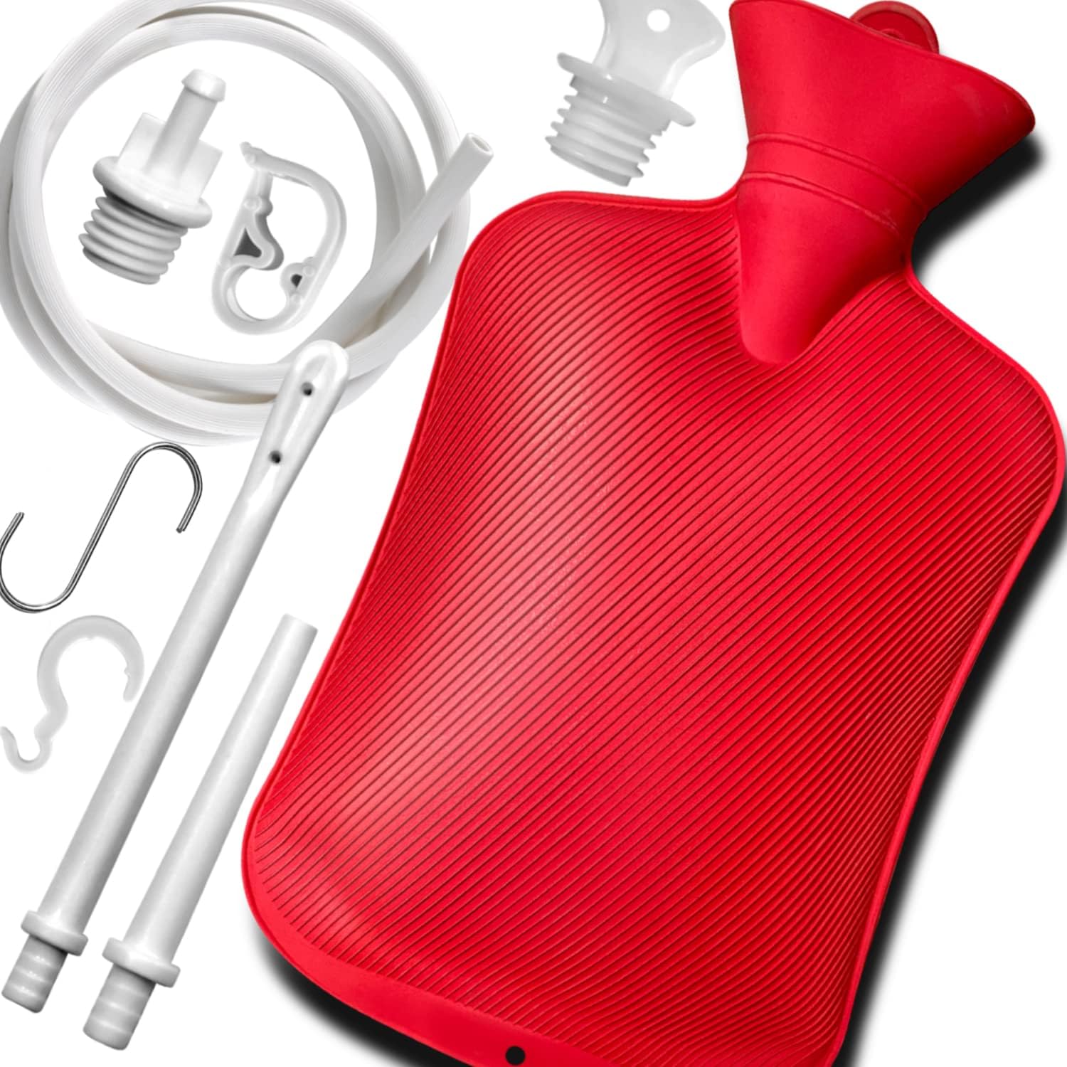 2 L Home Enema Bag Kit with 2 Enema Tips,60 inch Long Silicone Hose, Controlable Water Flow Valve, Hot-Water Bottle for Colon Cleansing Enemas?Red?