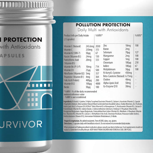 Pollution Protection Multivitamin With Alpha Lipoic Acid, Coq10, Vitamin K2 & D3, Nac, Antioxidant Complex - Vegan - 60 Capsules