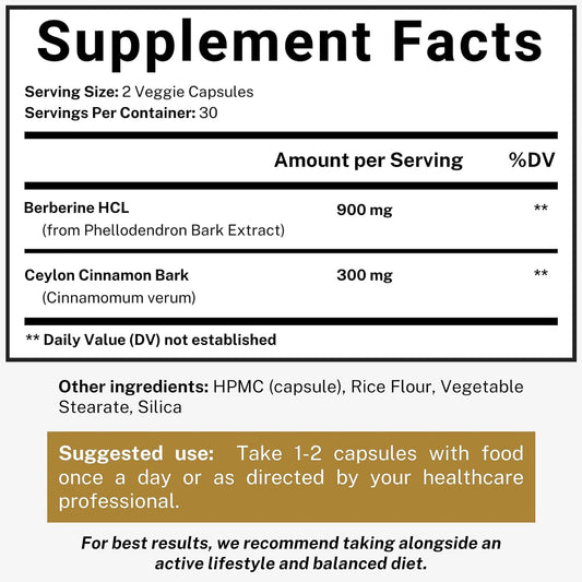 Berberine 1200mg HCL Plus Ceylon Cinnamon Capsules - Metabolic & Immune Support Berberine Supplement, AMPK Metabolic Activator Complex, Cardiovascular Support - Berberine HCL 1200 mg Capsules