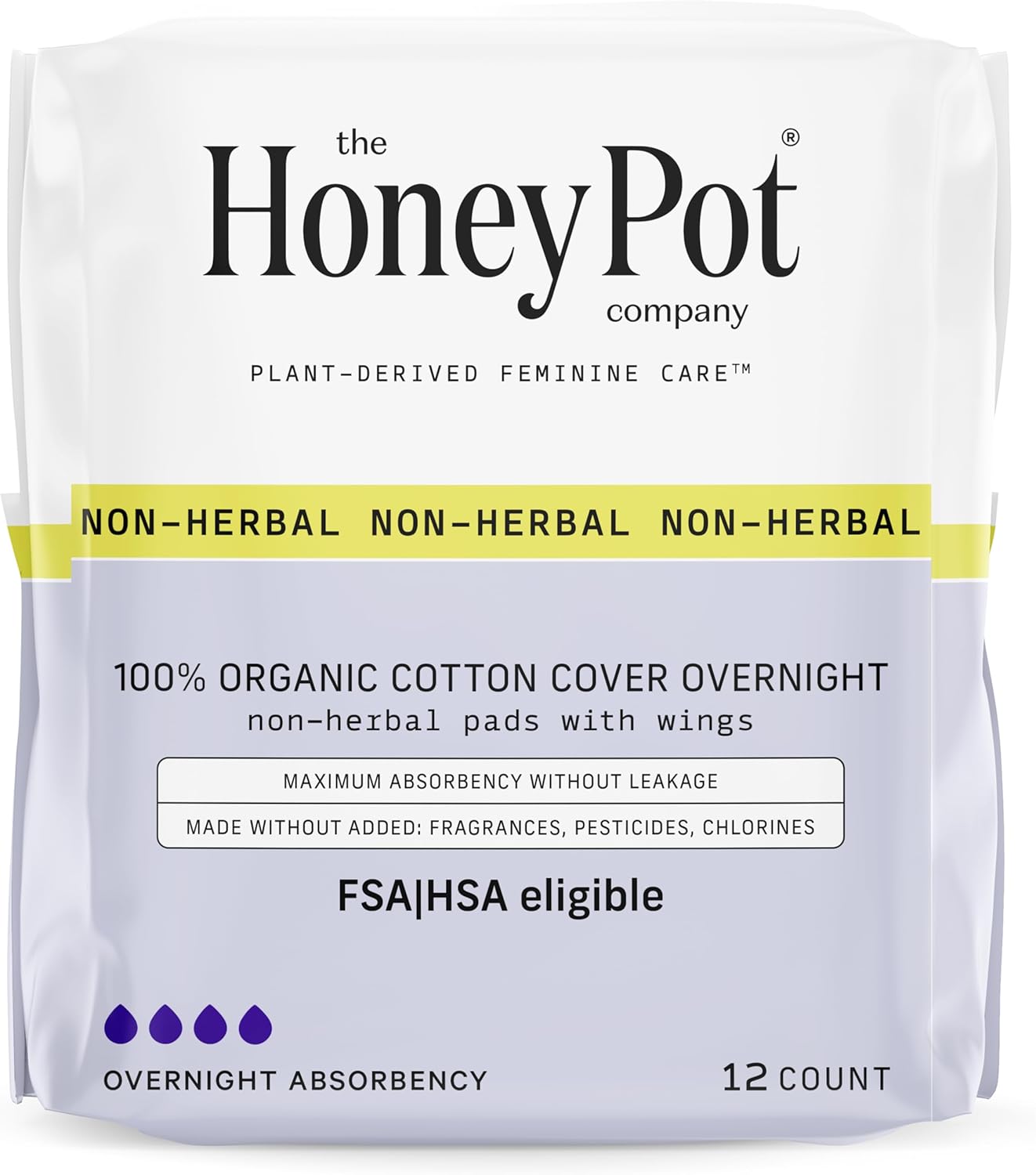 The Honey Pot Company - Pads For Women - Non-Herbal Overnight Pads W/Wings - Organic Cotton Cover, & Ultra-Absorbent Pulp Core - Sanitary Pads For Women - Feminine Care - Fsa & Hsa Eligible - 12 Ct