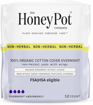 The Honey Pot Company - Pads For Women - Non-Herbal Overnight Pads W/Wings - Organic Cotton Cover, & Ultra-Absorbent Pulp Core - Sanitary Pads For Women - Feminine Care - Fsa & Hsa Eligible - 12 Ct