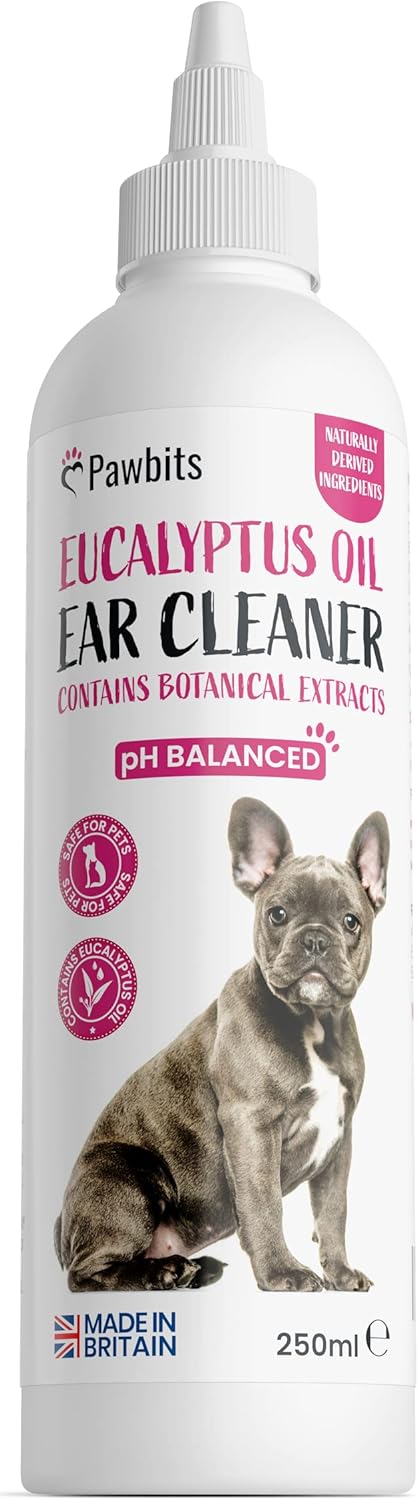 Pawbits Ear Cleaner for Dogs & Cats A Moisturising Ear Cleaning Solution with Eucalyptus Oil to Remove Dirt & Wax – Non Toxic & Soothing Drops to Stop Itching & Discomfort, Head Shaking (250ml)