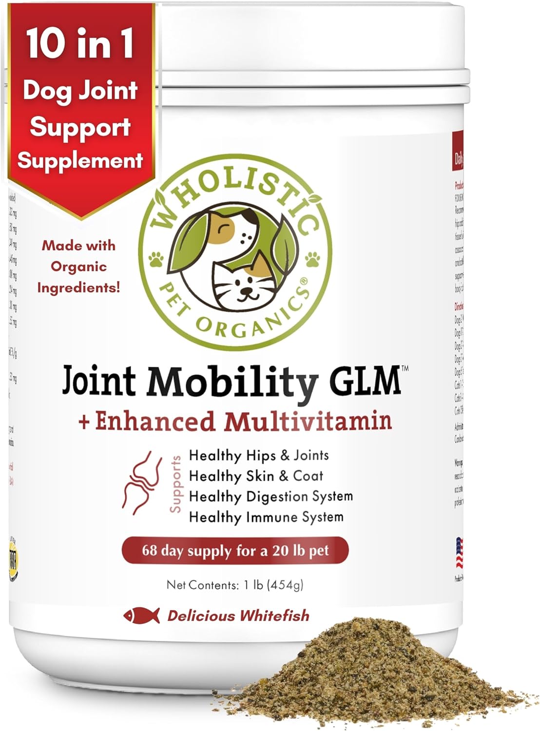 Wholistic Pet Organics: Joint Support Supplement for Dogs - Green Lipped Mussel (1lb) with Glucosamine & Chondroitin - Dog Hip & Joint Pain Relief - Natural Arthritis Relief & Long-Term Joint Health
