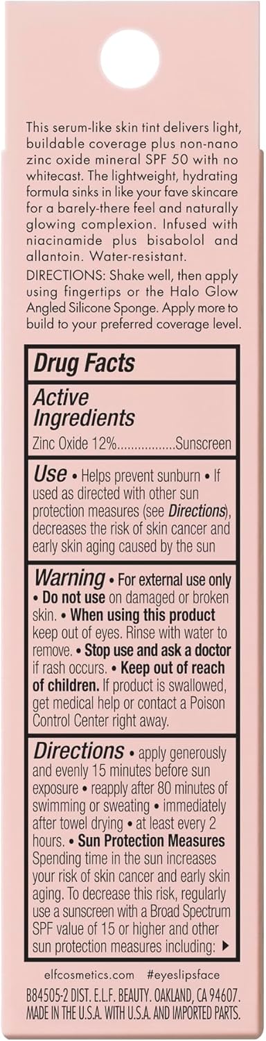 E.L.F. Halo Glow Skin Tint Spf 50, Tinted Moisturiser For Light, Buildable Coverage, Creates A Natural Glow, Vegan & Cruelty-Free, 16 Rich Cool
