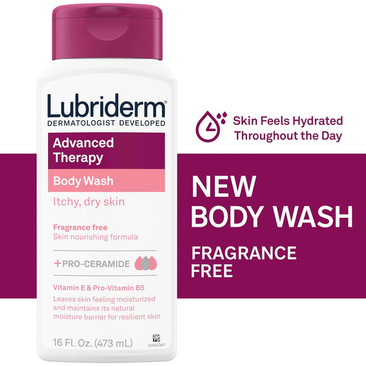 Lubriderm Advanced Therapy Body Wash, Unscented Nourishing Cleanser With Pro-Ceramide, Vitamin E & Pro-Vitamin B5 Gently Cleanses Itchy, Dry Skin, Fragrance Free, Hypoallergenic, 16 Fl. Oz