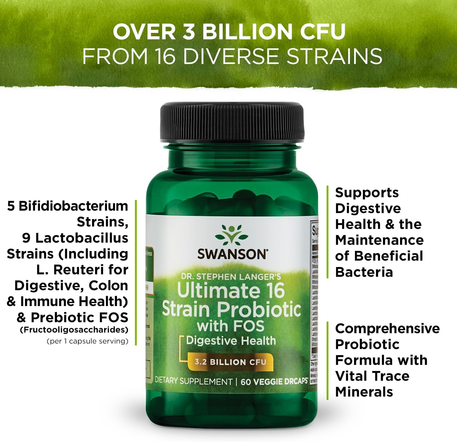 Swanson Dr. Stephen Langer's Formula - Natural Probiotic w/Prebiotic FOS - 16-Strain Supplement Promoting Digestive Support w/ 3.2 Billion CFU per Capsule - (60 Veggie Capsules) 2 Pack : Health & Household