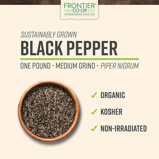 Frontier Co-Op Organic Medium Ground Black Pepper, 1-Pound Bulk Bag, Full-Bodied Flavor And Aroma, Kosher