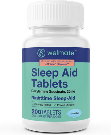 Welmate | Doxylamine Succinate 25Mg | Nighttime Sleep Aid | Safe & Effective | Non-Habit Forming | Sleep Aids For Adults & Children | For Women & Men | Made In Usa | 200 Tablets