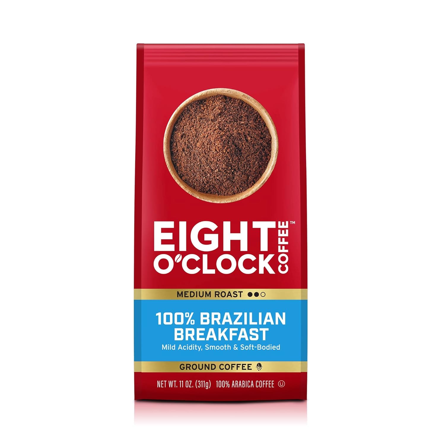 Eight O'Clock Coffee 100% Brazilian Breakfast, 11 Ounce (Pack of 1), Medium Roast Ground Coffee, Smooth & Soft Bodied
