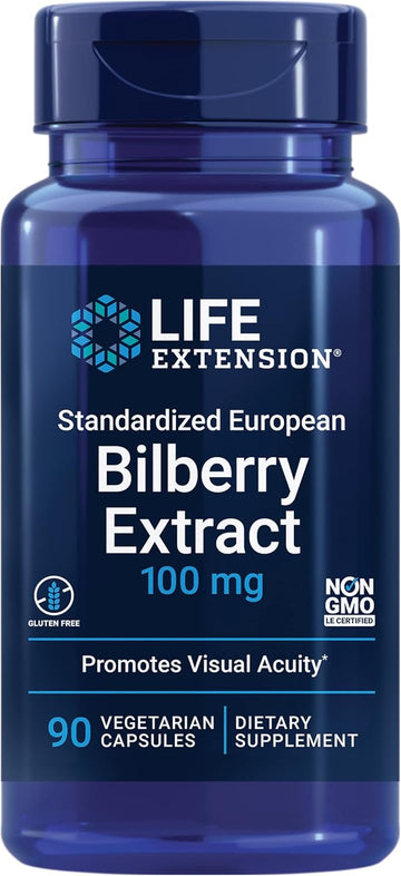 Life Extension Standardized European Bilberry Extract, 100 Mg, Mirtoselect® Vaccinium Myrtillus, Eye Health, Circulation, Lubrication, Gluten-Free, Non-Gmo, Vegetarian, 90 Capsules