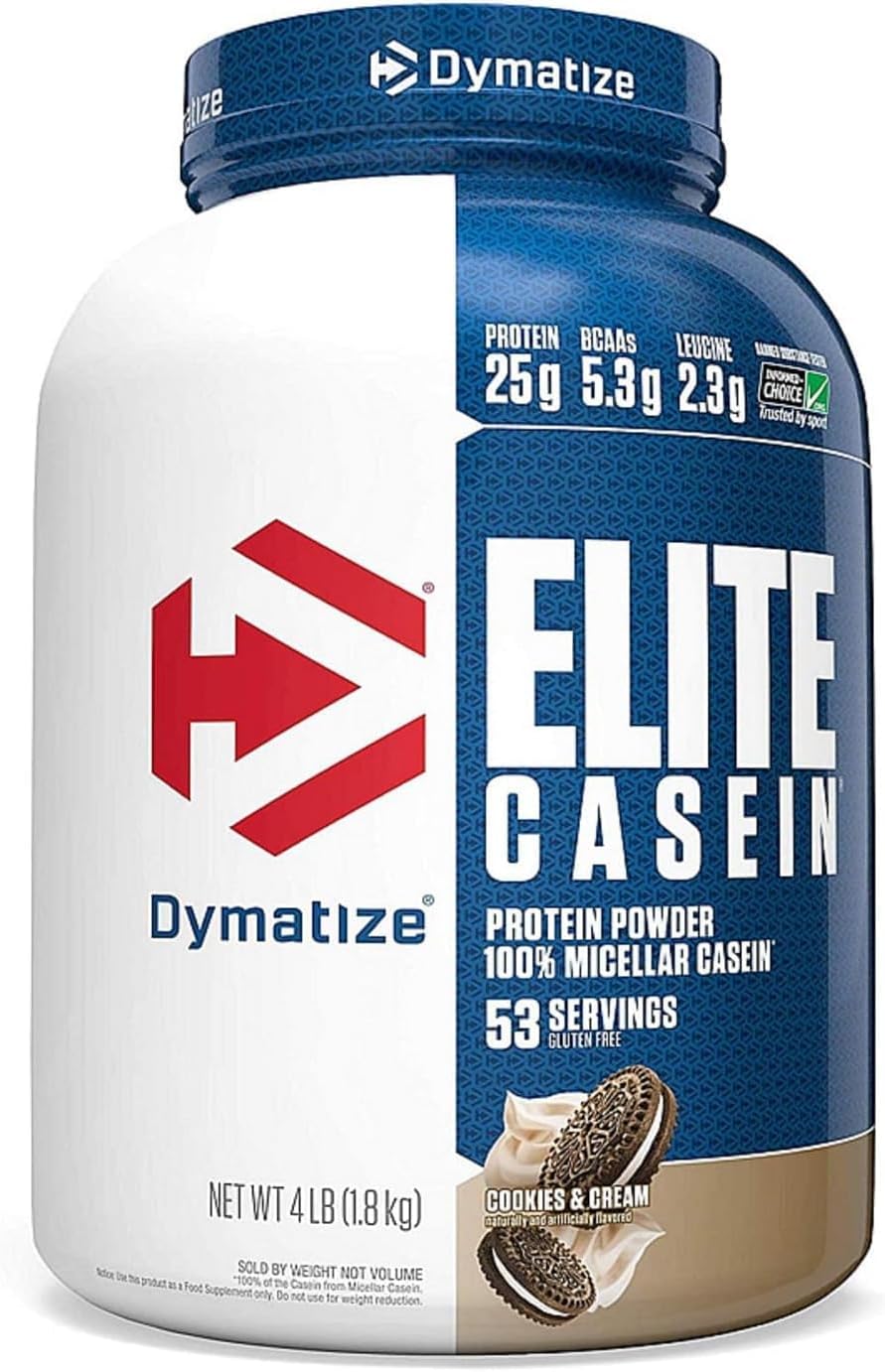 Dymatize Elite Casein Protein Powder, Cookies & Cream, 100% Micellar Casein, 25G Protein, 5.4G Bcaas, 2.3G Leucine, Slow Absorbing For Overnight Muscle Recovery, 4 Lb (53 Servings)