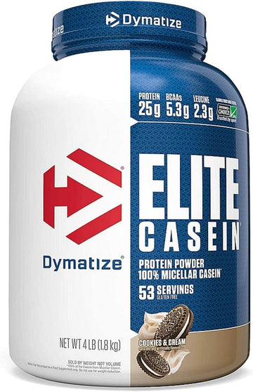 Dymatize Elite Casein Protein Powder, Cookies & Cream, 100% Micellar Casein, 25G Protein, 5.4G Bcaas, 2.3G Leucine, Slow Absorbing For Overnight Muscle Recovery, 4 Lb (53 Servings)