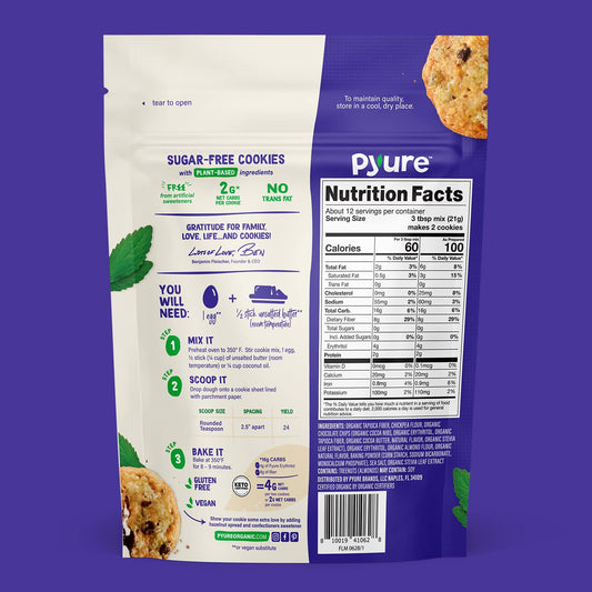 Pyure Chocolate Chip Cookie Mix | Keto Cookies, Sugar Free Cookies, Gluten Free Cookies, Vegan Cookies | 2 Net Carbs Per Cookie | Made With Organic Plant-Based Ingredients | 9 oz