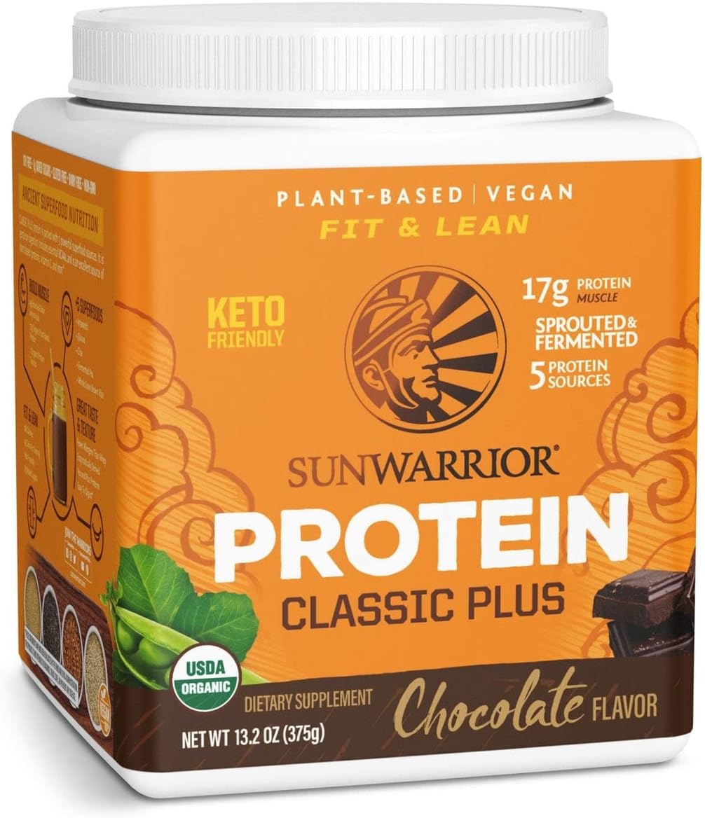 Sunwarrior Vegan Organic Protein Powder Plant-Based | 5 Superfood Quinoa Chia Seed Soy Free Dairy Free Gluten Free Synthetic Free Non-Gmo | Chocolate 15 Servings | Classic Plus