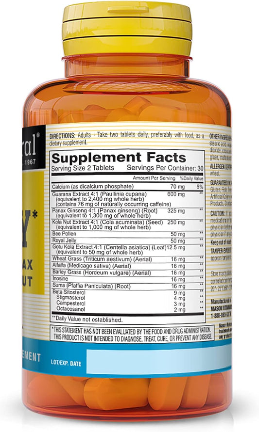 MASON NATURAL Super Energy with Guarana, Panax Ginseng & Kola Nut - Herbal Complex Formula to Support Optimal Performance & Energy*, 60 Tablets