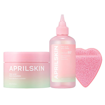 Aprilskin Pink Aloe Trouble Soothing Duo With Heart Puff: Pink Aloe Facial Polish Cleanser, Pink Aloe Vita Toner & Heart-Shaped Plush Facial Cleansing Sponge