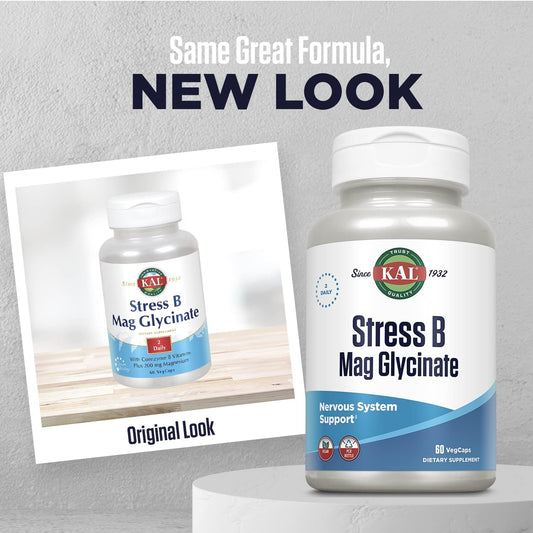 Kal Stress B Mag Glycinate, B Complex Vitamins Plus Magnesium, Active Forms Coenzyme Vitamin B-6, Methylcobalamin, And Folate From 5-Mthf, Healthy Mood & Relaxation Support, 30 Servings, 60 Vegcaps