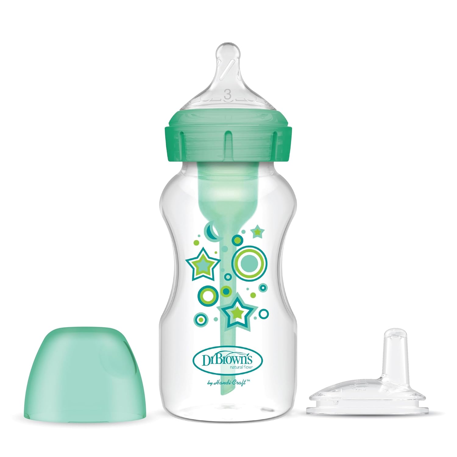 Dr. Brown'S Natural Flow® Anti-Colic Options+™ Wide-Neck Sippy Bottle Starter Kit, 9Oz/270Ml, With Level 3 Medium-Fast Flow Nipple And 100% Silicone Soft Sippy Spout, Green, 6M+