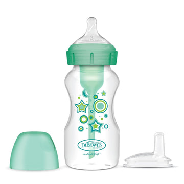 Dr. Brown'S Natural Flow® Anti-Colic Options+™ Wide-Neck Sippy Bottle Starter Kit, 9Oz/270Ml, With Level 3 Medium-Fast Flow Nipple And 100% Silicone Soft Sippy Spout, Green, 6M+