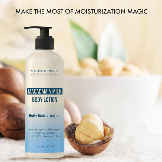 MAJESTIC PURE Macadamia Milk Daily Moisturizing Body Lotion with Aloe Leaf Extracts | Nourishing & Moisturizing | Quick Absorbing, Lightweight & Non Greasy | For All Skin Types | 16fl oz