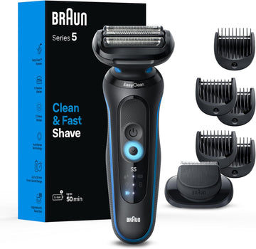 Braun Electric Shaver For Men, Series 5 5120S, Wet & Dry Shave, Turbo Shaving Mode, Foil Shaver, Engineered In Germany, With Beard Trimmer & Attachments, Blue