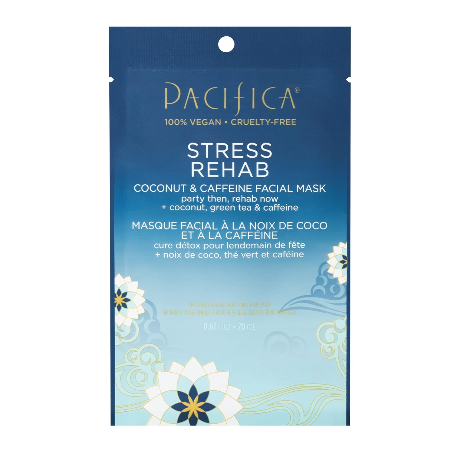 Pacifica Beauty Stress Rehab Coconut And Caffeine Facial Mask, Skincare, Green Tea, Puffiness, Redness Relief, De Stress, Skin Care, Sheet Mask, Face Care, All Skin Types, Vegan (1 Sheet)