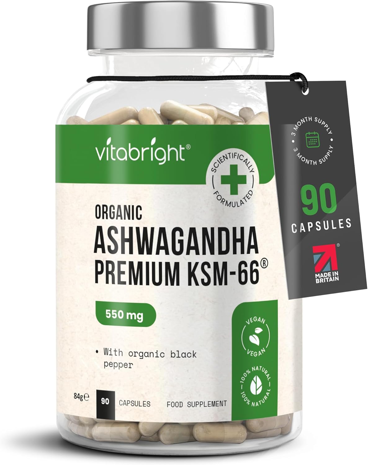 Organic Ashwagandha KSM 66, 5500mg Ashwagandha High Strength - Ashwaganda KSM66 5% Withanolides, 90 Vegan Capsules (3 Months) Pure Ashwagandha Root Powder Capsules (not Ashwagandha Tablets) VitaBright