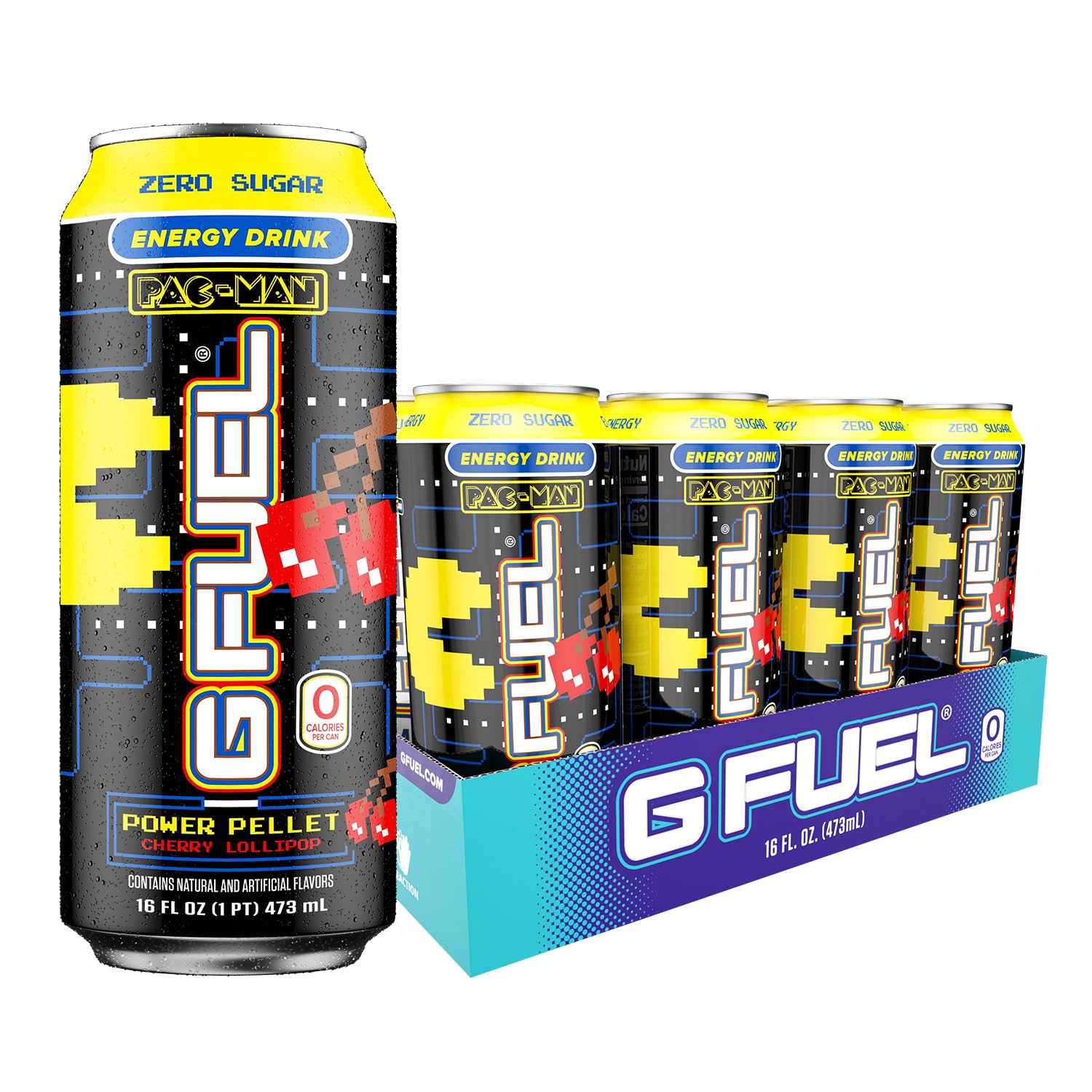 G Fuel Pac-Man Power Pellet - Cherry Lollipop Energy Drink, 16 Oz Can, 12-Pack Case