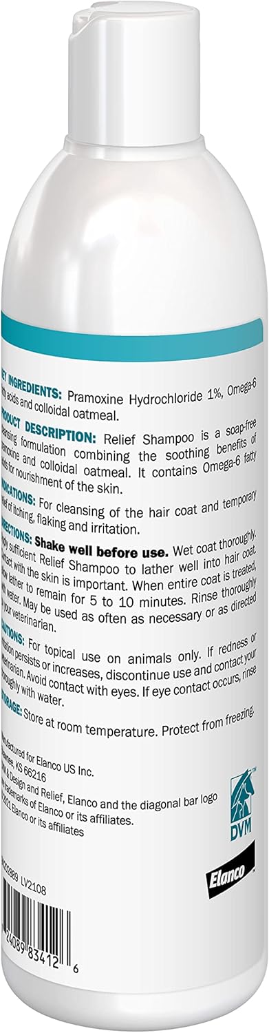 Elanco Relief Shampoo, temporary relief of itching and flaking, moisturizer for dry skin and coat, for dogs, cats and horses, 12 oz