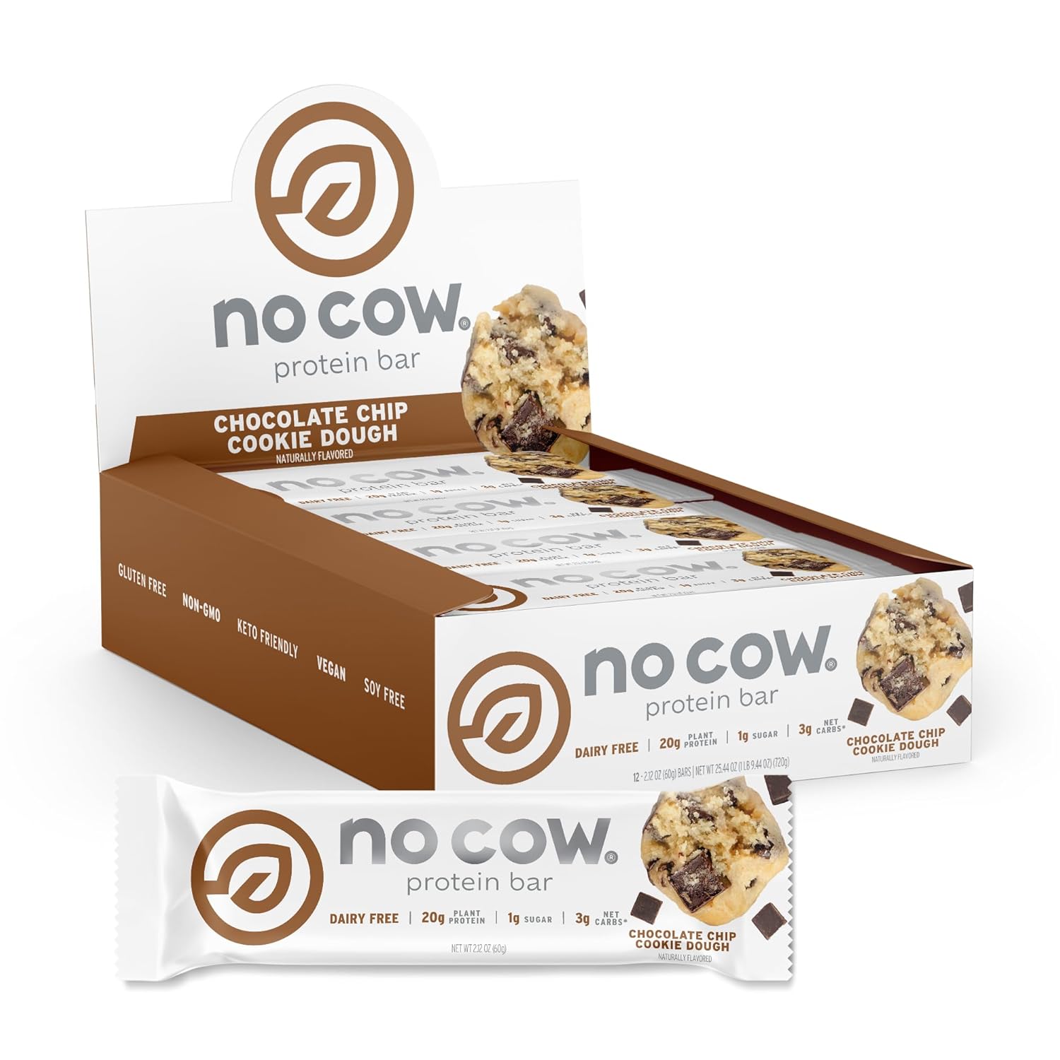 No Cow High Protein Bars, Chocolate Chip Cookie Dough - Healthy Snacks, 20G Vegan Protein, High Fiber, Low Sugar, Keto Friendly, Dairy & Gluten Free (12 Count)