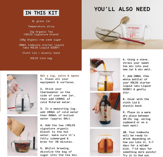 Holos Kombucha Starter Kit - Kombucha Kit With Liquid Scoby - Holos Signature Tea Kombucha Making Kit For Home Brew With Scoby Kombucha Starter - Foodie Gift Ideas