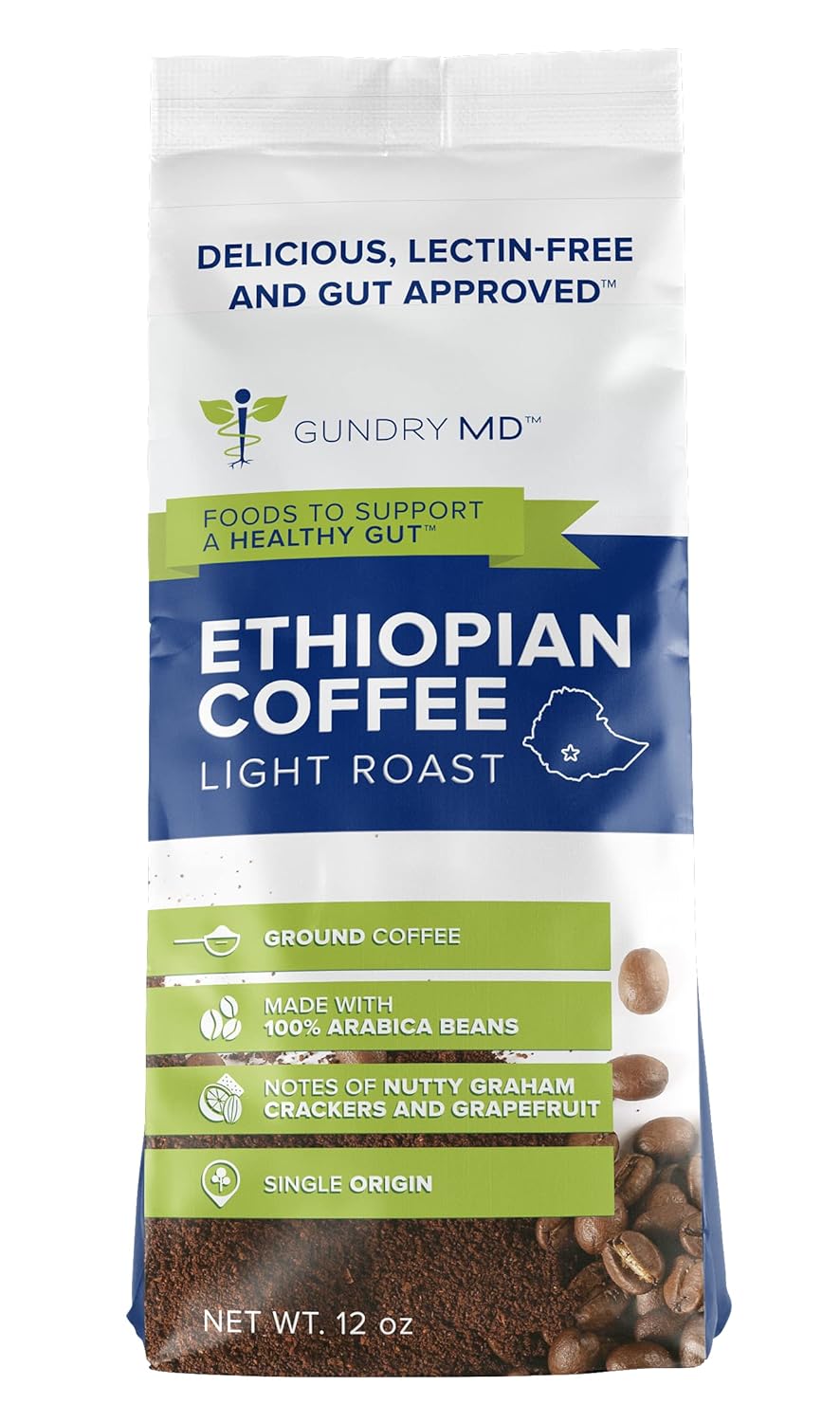 Gundry MD Single Origin Light Roast Ethiopian Ground Coffee, 100% Arabica Beans, 12 Ounce