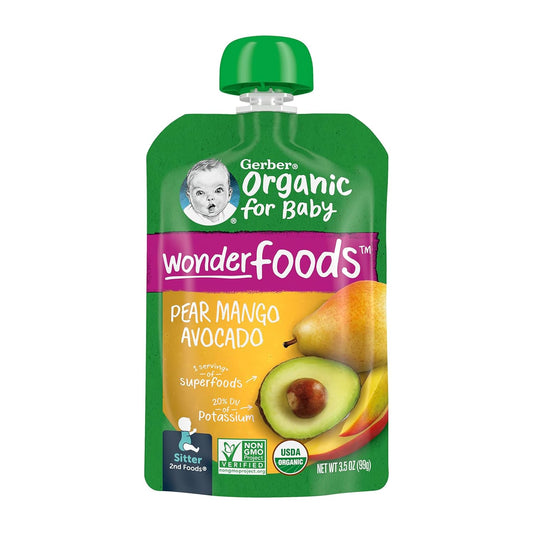 Gerber Organic Baby Food Pouches, 2Nd Foods For Sitter, Wonderfoods, Pear Mango Avocado, 3.5 Ounce (Pack Of 12)