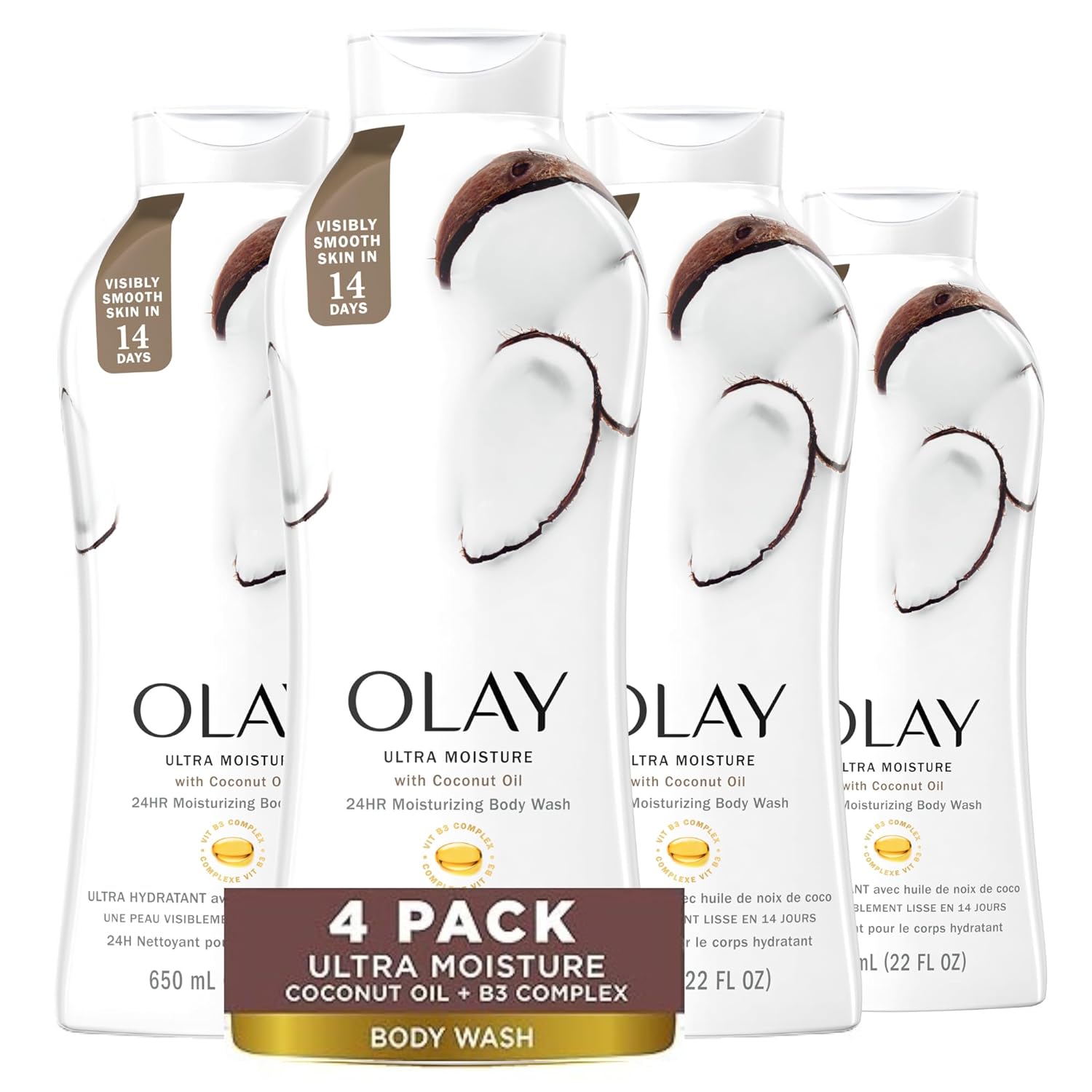 Olay Ultra Moisture Body Wash For Women, 24Hr Moisturizing For Smooth & Healthy Skin, Coconut Oil Scent, 22 Oz (Pack Of 4)